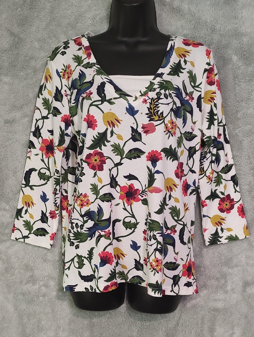 Floral V-Neck Long Sleeve Top - White Multi